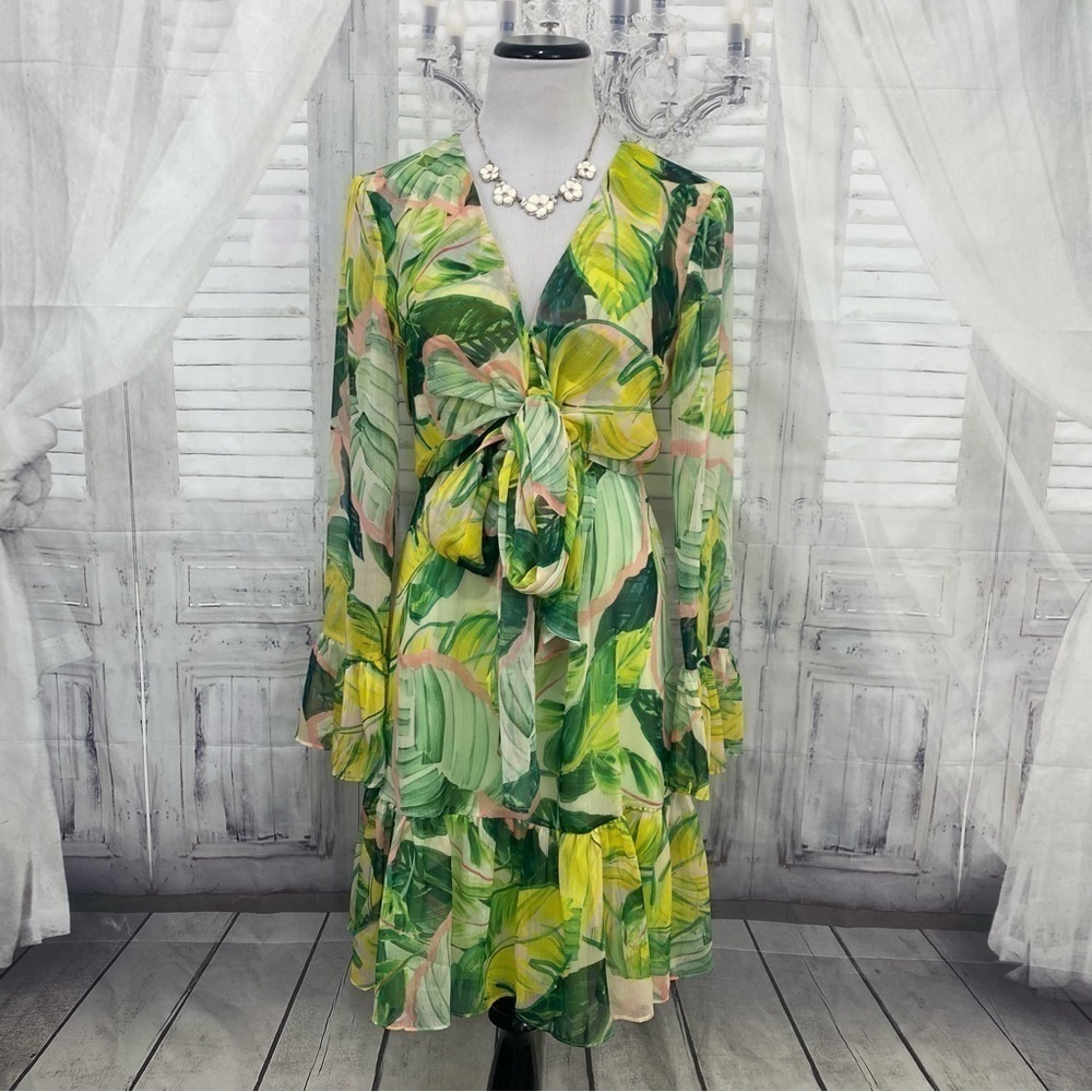 Alex Marie Size 4 Lime Green Long Sleeve V-Neck Floral Tiered A-Line Dress NWT